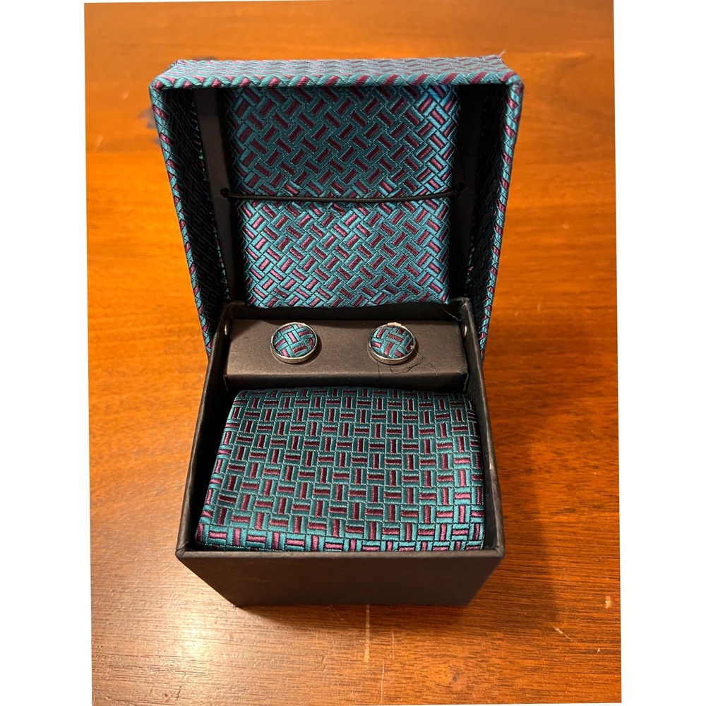 Men's Tie Cufflinks Pocket Square Gift Set Teal Purple Geometric Pattern